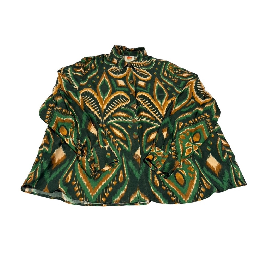 Farm Rio Women's Size L Pineapple Ikat long-sleeve shirt abstract pattern‎ print